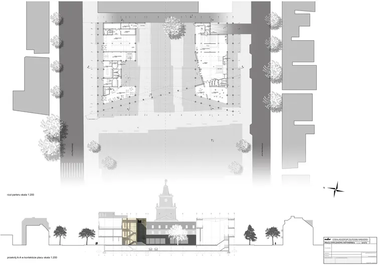 Muzeum — rzut parteru i przekrój (1:200)
